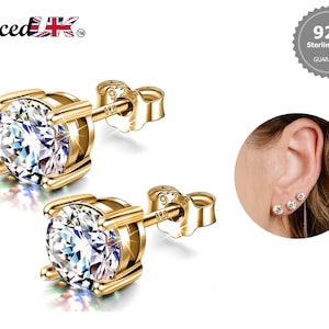 Gold Earrings for Women -18K Gold Plated Silver Solitaire Round Stud Earrings - Highest Quality Crystals Hand Set  - Size 2mm to 7mm
