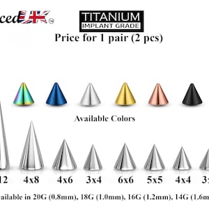 Titanium Spike-piercing, paar Spike en Cone-vervangende piercingonderdelen 16 g, 14 g-opzetstuk voor Barbell, Labret, Horseshoe Bar en meer. afbeelding 1