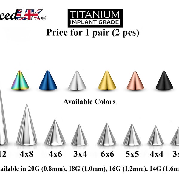 Titanium Spike Piercing, Pair of Spike and Cone Replacement Piercing Parts– 16g, 14g Attachment for Barbell, Labret, Horseshoe Bar and More.