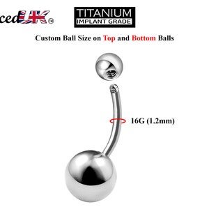 Titan Bauch Stab - Schlichte Kugel, Augenbrauen Stab - (1.2 mm) 16g Curved Barbell Piercing mit individueller Kugel-Größe 3mm bis 8mm