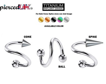 Titanium Spiral Lip Jewelry Ball/Cone/Spike Twisted Barbell Helix Piercing, Tongue Ring, Cartilage, Nose Piercing, Belly Ring - 16G 14G