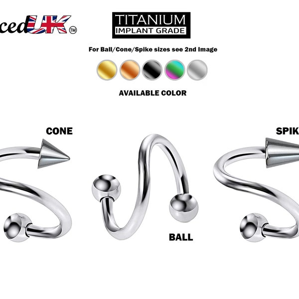 Titanium Spiral Lip Jewelry Ball/Cone/Spike Twisted Barbell Helix Piercing, Tongue Ring, Cartilage, Nose Piercing, Belly Ring - 16G 14G