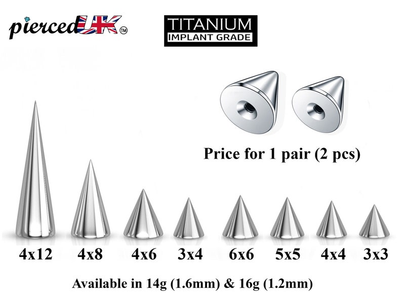 Titanium Spike-piercing, paar Spike en Cone-vervangende piercingonderdelen 16 g, 14 g-opzetstuk voor Barbell, Labret, Horseshoe Bar en meer. afbeelding 5