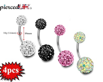 Round Belly Button Rings, Belly Bars - 4pcs Disco Ball Belly Ring with Multi Bling Crystals - 14g (1.6mm) - Standard Length 10mm