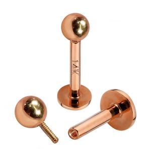 14K Rose Gold Labret Stud Piercing -  Internally Threaded -  16G 14G -  Body Piercing Jewelry for Lip, Helix, Tragus, Lobe, Cartilage