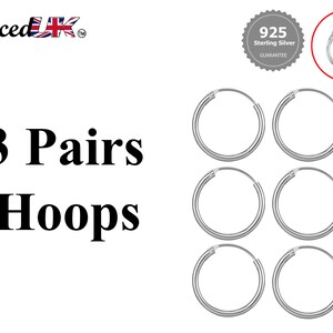 Hoop Earrings Silver- Set of 3 Pairs Small Hoops for Cartilage, tragus, conch, daith - 8mm to 60mm - Available in Gold and Rose Gold Plating