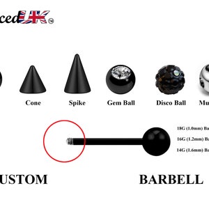 Black Barbell Stud, Industrial Piercing – Custom Barbell Piercing 18g, 16g, 14g Body Jewellery for Nipple, Eyebrow, Tongue Bar and More