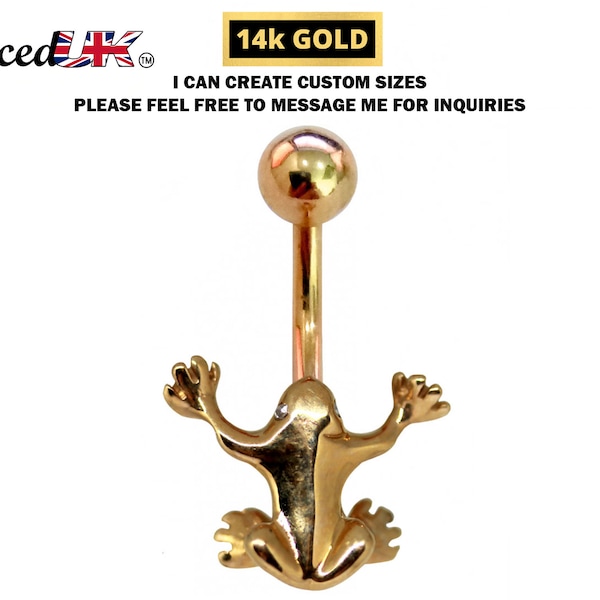Gold 14K Gold Frog Belly Bar- Solid Gold Designer Frog Belly Button Ring Hand Polished - Finest in Gold Body Jewelry
