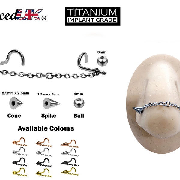 Ball/Cone/Spike Nasallang Piercing, Nose Chain Ring - Titanium Nose Piercing in many Colour - Nostril Screw, Nose Stud, Nostril Jewellery