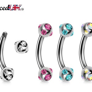 Curved Barbell - Multi Stone Set Barbell Piercing - 18g 16g 14g - Piercing for Cartilage, eyebrow piercing, Daith, Tragus, Helix and More.