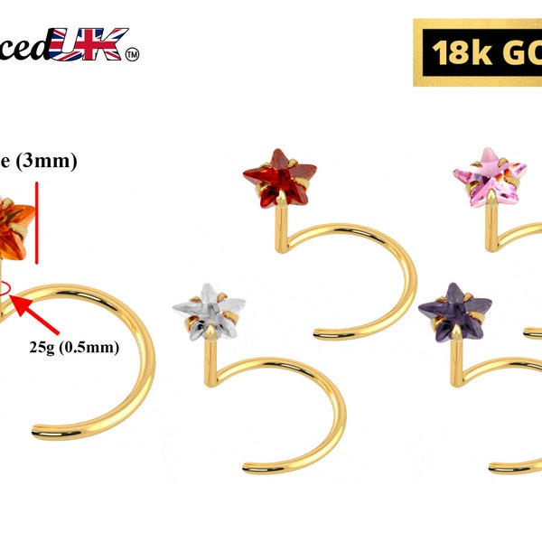 18K Gold Curve Nose Ring with Star Set Crystal, Nose Hook Piercing, Nose Jewelry made of Solid Gold