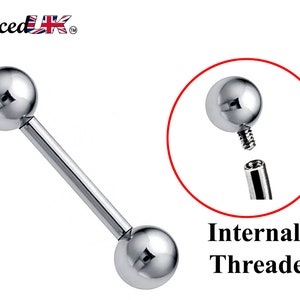 Barbell Piercing, Internally Threaded Barbell – 18g, 16g, 14g – Piercing for Tongue, Nipple Piercing, Ear, Tragus, Helix and More