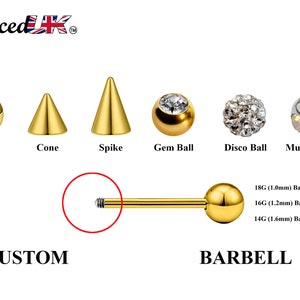 Gold Barbell Stud, Industrial Piercing – Custom Barbell Piercing 18g, 16g, 14g Body Jewellery for Nipple, Eyebrow, Tongue Bar and More
