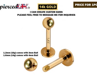 14K Gold Labret Stud Piercing -  Flat back Barbell 16G 14G size 6mm, 8mm, 10mm -  Piercing Jewelry for Lip, Helix, Tragus, Lobe, Cartilage