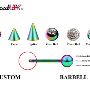 Rainbow Barbell Stud, Industrial Piercing – Custom Barbell Piercing 18g, 16g, 14g Body Jewellery for Nipple, Eyebrow, Tongue Bar and More