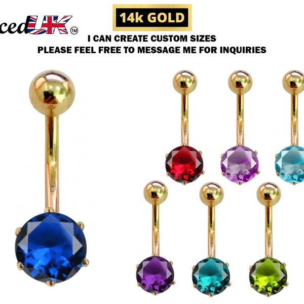 14K Gold Solitaire Round Crystal Belly Bars, Designer Belly Button Ring, Navel piercing made with solid Gold