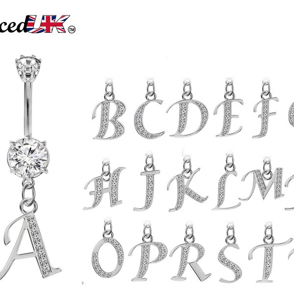 Initial Belly Ring, Belly Button Rings with Silver Dangle Alphabet Letter A-Z - Belly Bar length is 10mm - thickness is 14g (1.6mm)