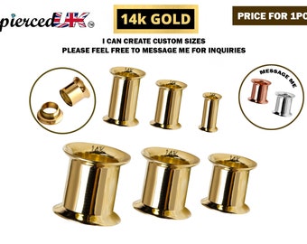 14K Solid Gold Ear Stretching Plugs, Double Flared Plug ,Ear Tunnel , Ear Gauges, Expander Body Piercing from 2G to 10G