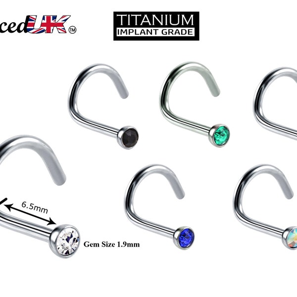 Titanium Nose Studs, Nose Ring - Nostril Screw Ring with Gem CZ Crystal  - Nose Piercing Size 18g (1.0mm)