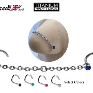 Nostril Screw Piercing, Nose Chain Hand Made Custom Size - Titanium Nasallang Piercing  with CZ Crystals -Nose Piercing, Nose Bridge Chain
