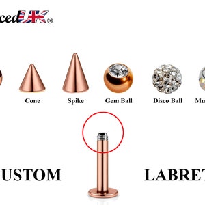 Rose Gold Labret Stud, Labret Piercing – Custom Lip Labret 18g 16g 14g Labret Piercing for Lip, Chin – Choose Top Ball in the Options