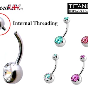 Naval Ring - Internally Threaded Belly Ring - Belly Bar with Double Gem Crystals- 14g (1.6mm) - Ideal Piercing for Navel Jewelry