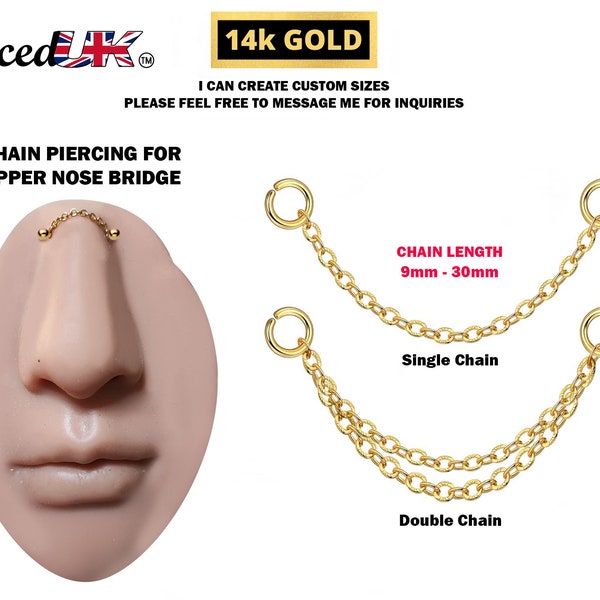 14K Gold Piercing Ketten für Bridge Piercing Schmuck, Goldene Nasenkette mit schönem Design Länge von 9mm bis 30mm
