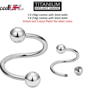 Titanium Spiral Lip Ring, Twist Barbell – Piercings for Ear, Eyebrow piercing, Cartilage, Helix etc. – 16g, 14g – Length 8mm to 12mm