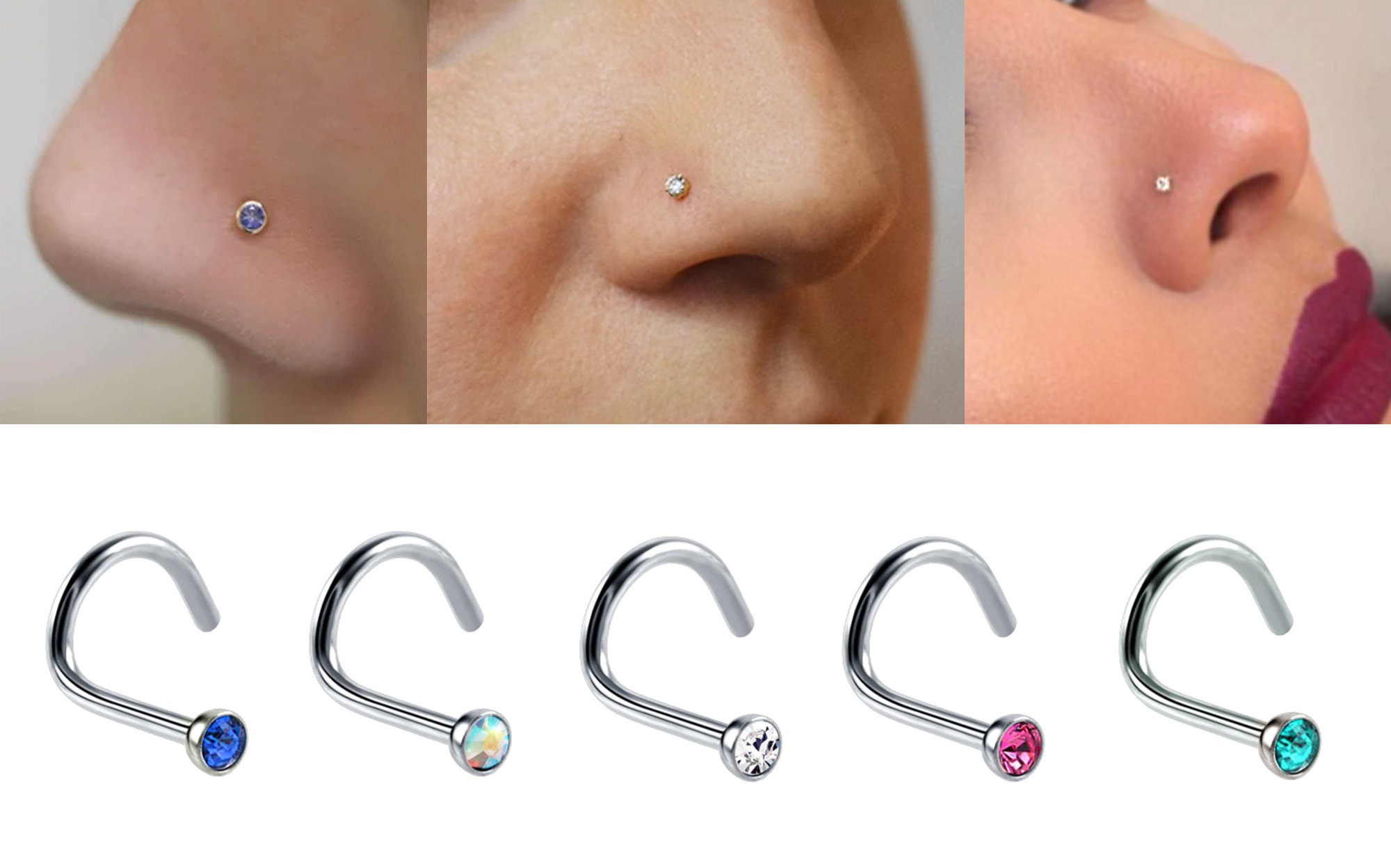 thumbnail image 2 of 10pcs 20G Nose Ring Twist Studs – 316L Surgical Steel – 1.9mm Micro Gem – 6.5mm Length 2 of 5