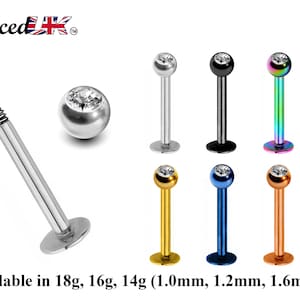 Labret Piercing, Labret Lip Stud – Lip Piercing available in many Colours Labret with Clear Crystal Top Gem Ball – 18g, 16g, 14g