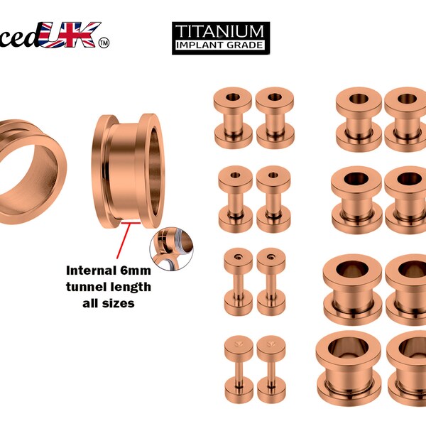 Rose Gold Ear Tunnel Plug, Tunnel Gauges 00g to 12g - Titanium Flesh Earrings Tunnels Body Modification - Threaded Screw fit Earrings