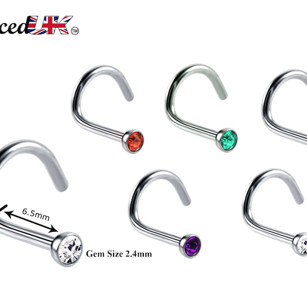 Nostril Screw Ring, Nose Studs - Curved Nose Ring for Nose Piercing - Size 16g (1.2mm) and CZ Gem Size is 2.4mm - Many Colours Available