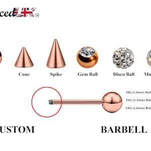 Rose Gold Barbell Stud, Industrial Piercing – Custom Barbell Piercing 18g, 16g, 14g Body Jewellery for Nipple, Eyebrow, Tongue Bar and More