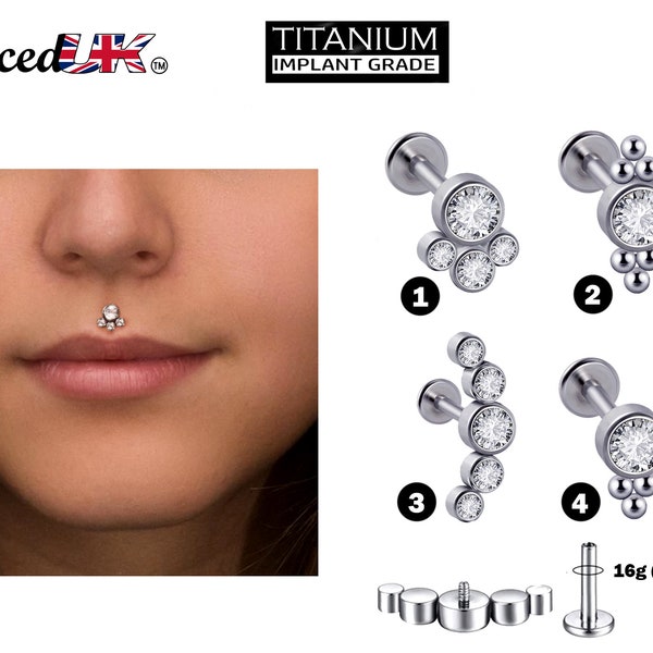 Piercing Medusa en titane, bijoux pour les lèvres, goujon Labret - Filetage interne avec cristaux CZ - 16 g (1,2 mm) Labret Piercing Lip, Helix, Tragus.