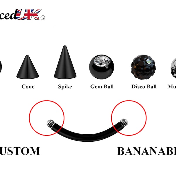 Black Curved Barbell, Eyebrow Bar – Custom Bent Barbell 18g 16g 14g Piercing for Daith, Vertical Labret and More