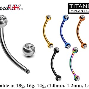 Titanium Curved Barbell, Daith Piercing – 18g, 16g, 14g  Eyebrow Piercing Jewelry in many Colors with Clear Crystal Top Gem Ball