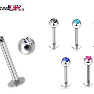 Labret Gem, Labret Lip Piercing with Gem Crystal Ball – Flatback Lip Piercing Jewelry – 18g 16g 14g Labret Piercing for Lip, Chin and More