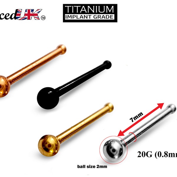 Titanium Nose Pin, Nose Studs - Nose Bone Stud Round - Nose Piercing Size 20G (0.8mm) - Available in Black, Gold, Silver, Rose Gold Colour