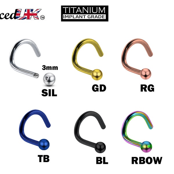 Nose Stud Screw Piercing - Titanium Nostril Jewellery 20g 18g 16g Curve Nose Ring in many Colours - Nasallang Nose Studs, Indian Nose Ring