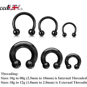 Black Septum Ring, Black Nose Ring - Horseshoe Septum Ring - 00G, 0G, 1G, 2G, 4G, 6G, 8G, 10G, 12G, 14G 16G, 18G - Size 6mm to 19mm