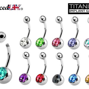 Navel Ring Titanium, Belly Ring - Belly Bar with Single Gem Crystals- 14g (1.6mm) - Ideal Piercing for Bely Button Piercing