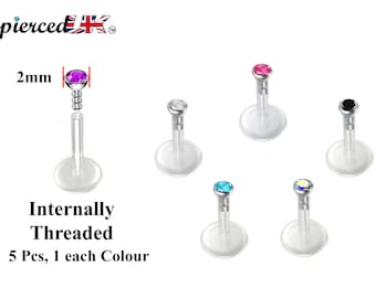 5PCS Labret Bioflex, Labret Stud – Flexible – Internally threaded Round Top Crystals – 16g (1.2mm)  Labret Piercing Lip, Helix, Tragus