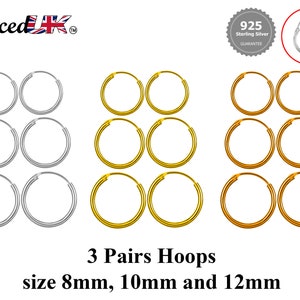 Silver Hoop Earrings - Set of 3 Pairs Hoop Earrings for Women - Comes in Sizes of 8mm, 10mm and 12mm - Silver, Gold, Rose Gold