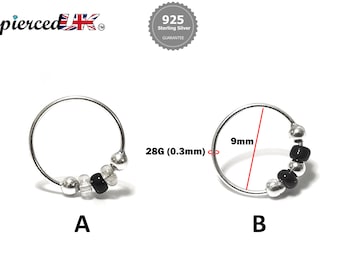 Silver Nose Hoop Ring, Nose Studs with Onyx Beads - 28G Bendable Nostril Piercing, Nose Piercing size 9mm