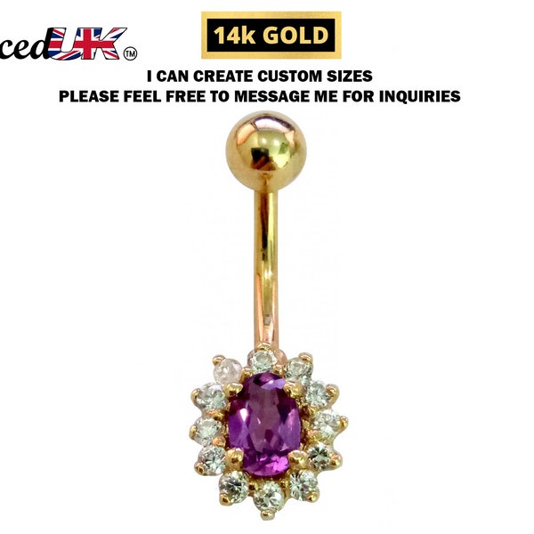 14K Gold Belly Button Ring with real Tanzanite and Amethyst - Hand Set and Hand Polished - Solid Gold - Fine Jewellery Quality