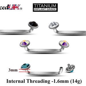 May include: Titanium implant grade barbell with internal threading. The barbell is 1.6mm (14 gauge) and has a 3mm length. The barbell is shown with different coloured gem tops, including black, clear, iridescent, and blue.