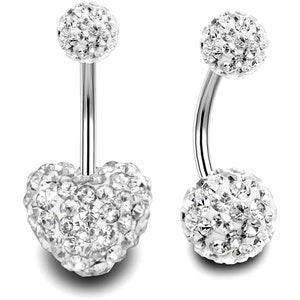 Anneau de nombril, anneaux de nombril - Boule scintillante et barrette coeur en cristal pour nombril - 2 pièces - 14 g (1,6 mm) La longueur est de 6 mm à 12 mm