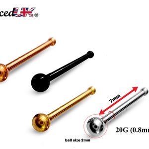 Piercing d&#39;os du nez, anneau dans le nez - Épingle dans le nez ronde - Taille du piercing dans le nez 20 g (0,8 mm) - Disponible en noir, or, argent et or rose