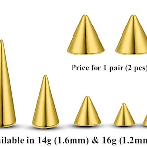 Titanium Spike-piercing, paar Spike en Cone-vervangende piercingonderdelen 16 g, 14 g-opzetstuk voor Barbell, Labret, Horseshoe Bar en meer. afbeelding 8