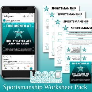 Peut inclure: Un ensemble de quatre feuilles de travail imprimables pour enseigner l'esprit sportif. Les feuilles de travail présentent un schéma de couleurs bleu sarcelle et blanc avec un logo en forme d'étoile. Les feuilles de travail comprennent des activités et un formulaire de nomination pour un champion de l'esprit sportif.